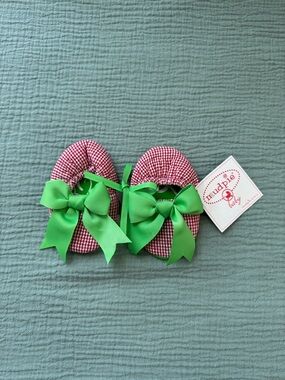 Mud Pie Red Gingham Baby Shoes with Green Bows